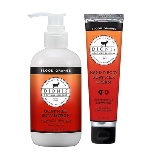 Dionis Goat Milk Skincare Blood Orange 8.5oz Hydrating Body Lotion and 3.3oz Hand & Body Moisturizing Travel Size Cream Scented Bundle, Natural Ingredients, Made in the USA, Cruelty Free, Paraben Free