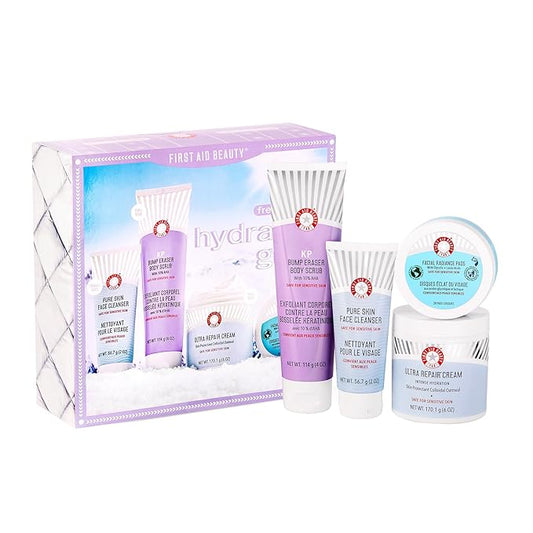 First Aid Beauty - Hydrated Glow Kit: KP Bump Eraser Body Scrub, 4 oz, Facial Radiance Pads, 28 Pads, Pure Skin Face Cleanser, 2 oz, & Ultra Repair Cream, 6oz, Hydration and Exfoliation Treatment, 4ct