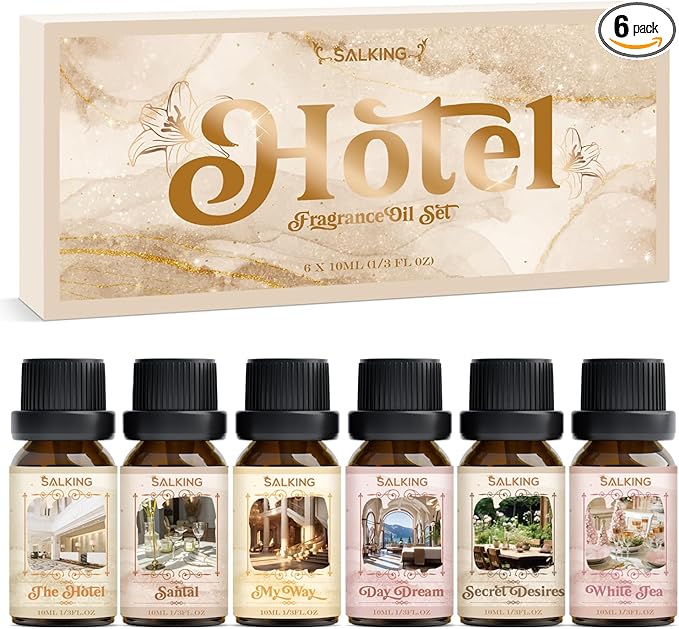 SALKING Hotel Fragrance Oils, Premium Essential Oil for Diffuser, Scented Oil Gift Set for Soap Candle Making - The Hotel, Santal, My Way, Day Dream, Secret Desires, White Tea