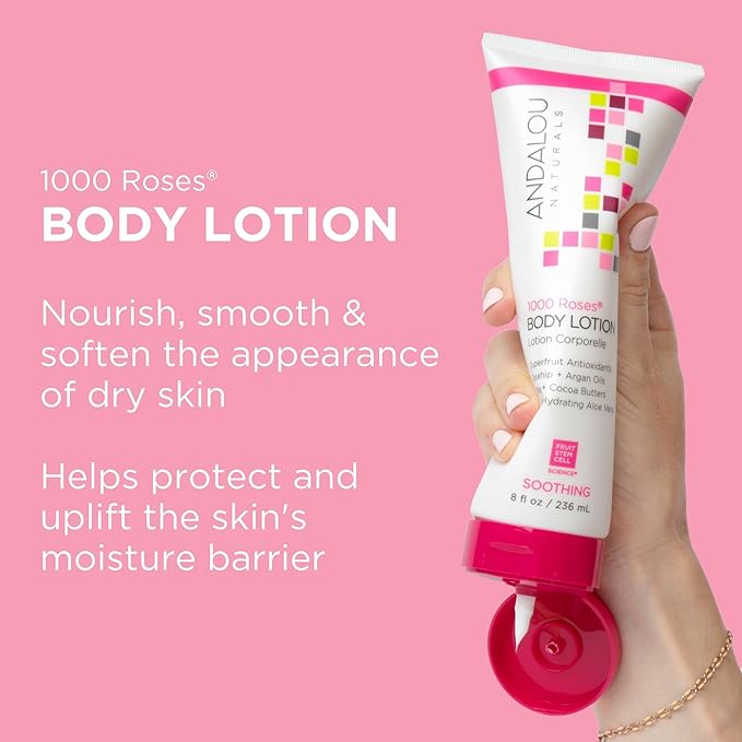 Andalou Naturals 1000 Roses Soothing Body Lotion, with Cocoa + Shea Butter, Aloe & Rosehip, Hydrating Sensitive Skin Lotion for Dry Skin, 8 Fl. Oz