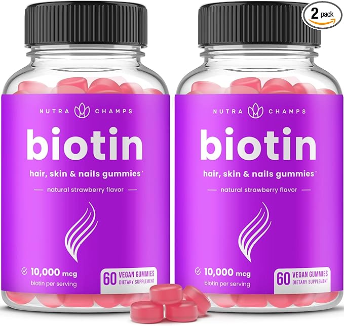 NutraChamps (2 Pack) Biotin Gummies 10,000mcg [High Potency] for Healthy Hair, Skin & Nails for Adults & Kids - 5000mcg in Each Gummy Vitamin - Vegan, Non-GMO, Pectin-Based Hair Health Supplement