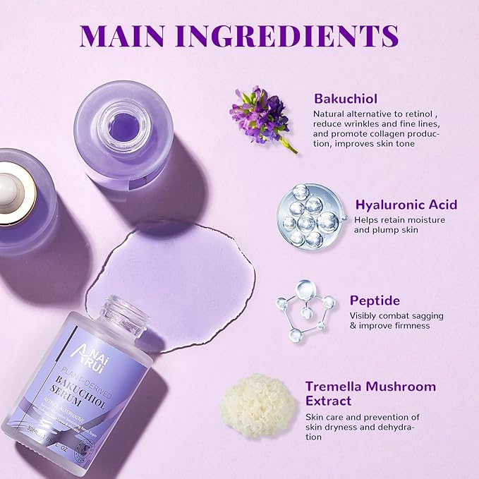ANAI RUI Bakuchiol Face Serum for Face, Bakuchiol Retinol Alternative Serum,Smoothing Face Serum with Hyaluronic Acid & Peptide Sensitive Skin Serum, Anti Aging & Wrinkle Serum, 1Fl.Oz