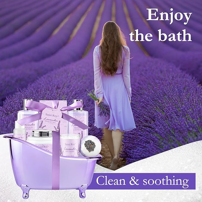 Spa Gift Baskets for Women - Lavender Gifts for Women, Bath Set with Shower Gel, Shampoo, Home Spa Kit Gifts for Her, Christmas, Mothers Day