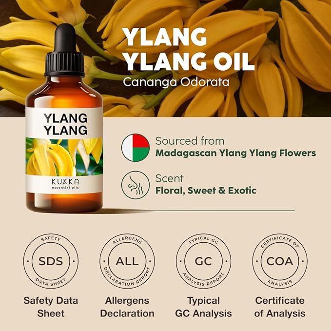 Kukka Ylang-Ylang Essential Oil for Diffuser & Skin - 4 Fl Oz - 100% Pure Natural Ylang Ylang Oil - Boasting a Long Lasting & Exotic Floral Scent fit for Hair, Aromatherapy & DIY Soap Making