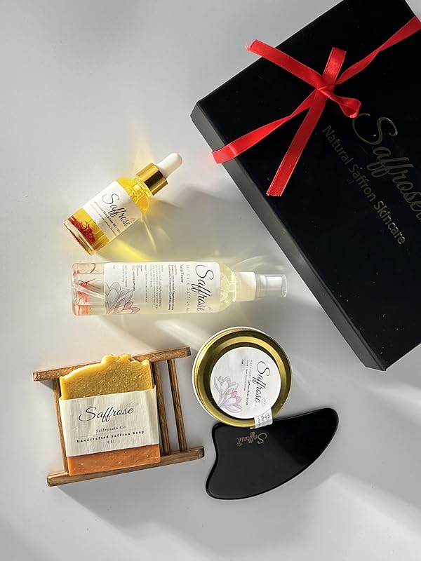 Handmade Saffron Skincare Gift Set, 5pc including Saffron Soap, Bamboo Soap Dish, Saffron Scrub, Saffron & Rose Facial Toner, Facial Oil, & Gua Sha