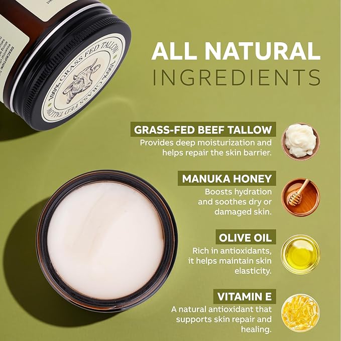 Beef Tallow for Skin, Beef Tallow and Honey Balm, All-Natural Moisturizer Nourishes and Hydrates the Skin Face Body, Grass Fed Whipped Tallow Honey Balm with Honey 60ml