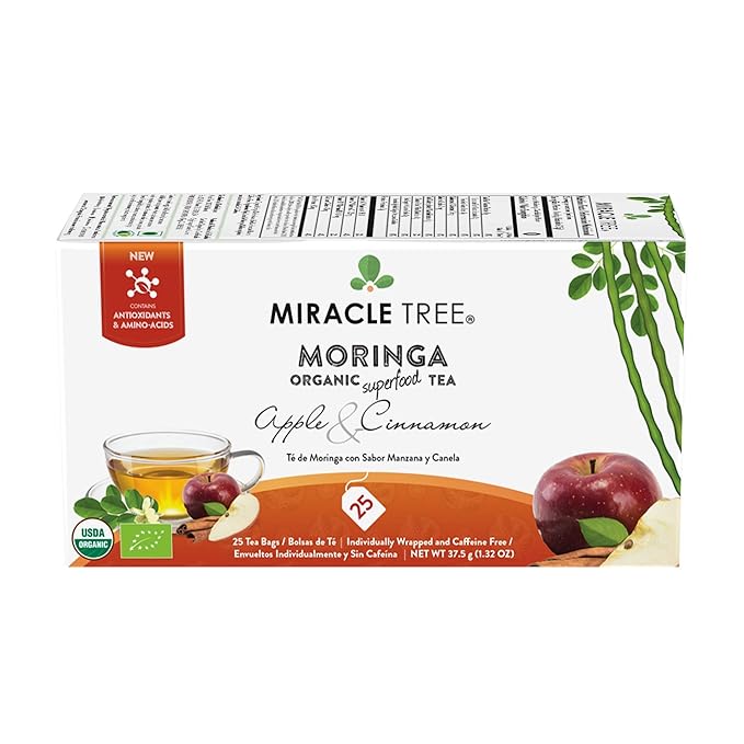 Miracle Tree - 3 Count of Organic Moringa Superfood Tea, 25 Individually Sealed Tea Bags, Apple & Cinnamon (Keto, Detox, Energy/Immunity Booster, Vegan, Gluten-Free, Organic, Non-GMO, Caffeine-Free)