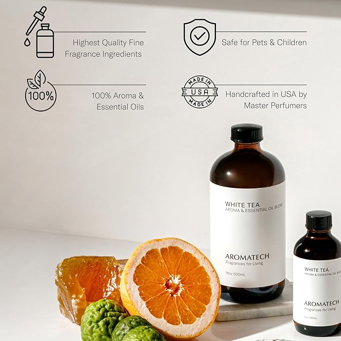 AromaTech White Tea Aroma Essential Oil Blend: Luxury Hotel Inspired Aromatherapy with White Tea, Orange & Palo Santo for Ultrasonic Diffusers & Nebulizers - 4 fl oz, 120 mL