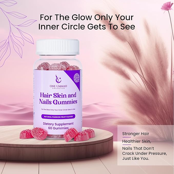 Halal Certified Hair, Skin, & Nails Gummies - Packed with Biotin, Collagen, Folate, & Essential Beauty Vitamins for Strong Hair, Glowing Skin & Healthy Nails - Easy Digestion & High Absorption - 60 ct
