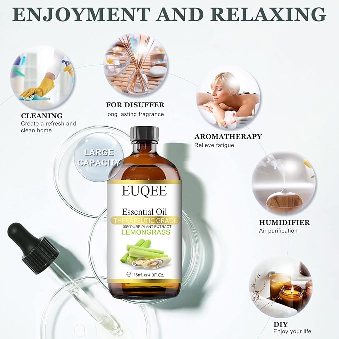 Lemongrass Essential Oil 118ml Premium Lemongrass Oil with Glass Dropper, Great for Diffuser, Candle Making - 4Fl. Oz