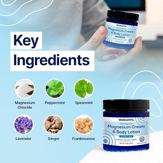 Cooling Magnesium Cream & Body Lotion - Promotes Sleep and Soothing Relief for Sore Muscles, Leg Discomfort, Etc. 4oz. Made in The USA.