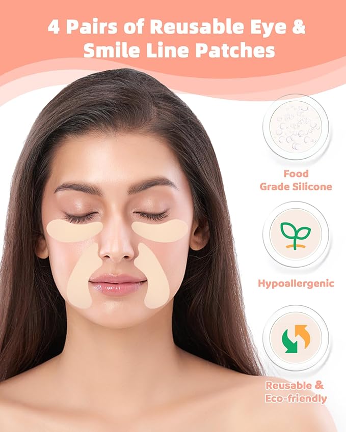 Reusable Eye and Smile Line Patches - 4 Pairs Silicone Under Eye Patches and Nasolabial Folds Patches, Reusable Eye Mask, Silicone Wrinkle Patches, No Adhesive, with Metal Eye Massager, Tin Case