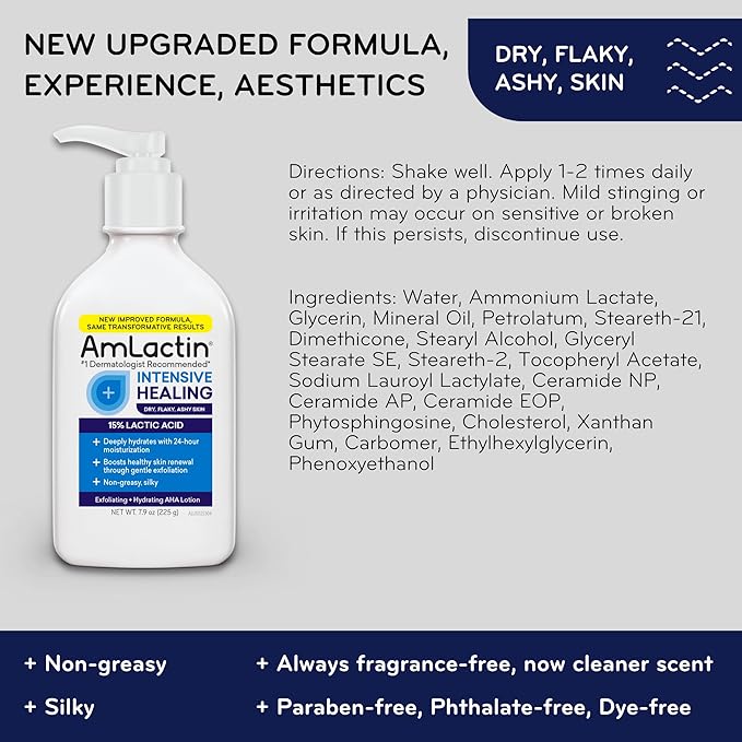 AmLactin Intensive Healing Body Lotion for Dry Skin, 7.9 oz Pump Bottle, 2-in-1 Exfoliator and Moisturizer with Ceramides and 15% Lactic Acid for 24-Hour Relief from Dry Skin (Packaging May Vary)
