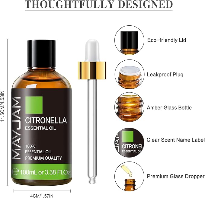 Citronella Essential Oil, MAYJAM Premium Pure Essential Oils, 3.38FL.OZ Large Volume for Soap Candle Making, Diffuser, Bedroom, Living Room, Office