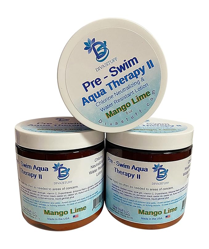 Diva Stuff Pre-Swim, Water Resistant, Aqua Therapy Chlorine Neutralizing Body Lotion, Protects Skin From Chlorine and Salt Water (Mango Lime 3 pack)