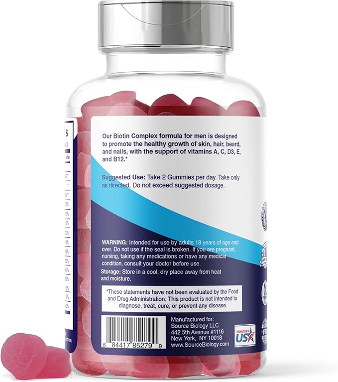 Biotin 5000 Mcg Complex - Hair, Beard, Skin, Nails Formula for Men - High Potency Vegan Friendly Gummies - with Vitamins A, C, D3, and B12