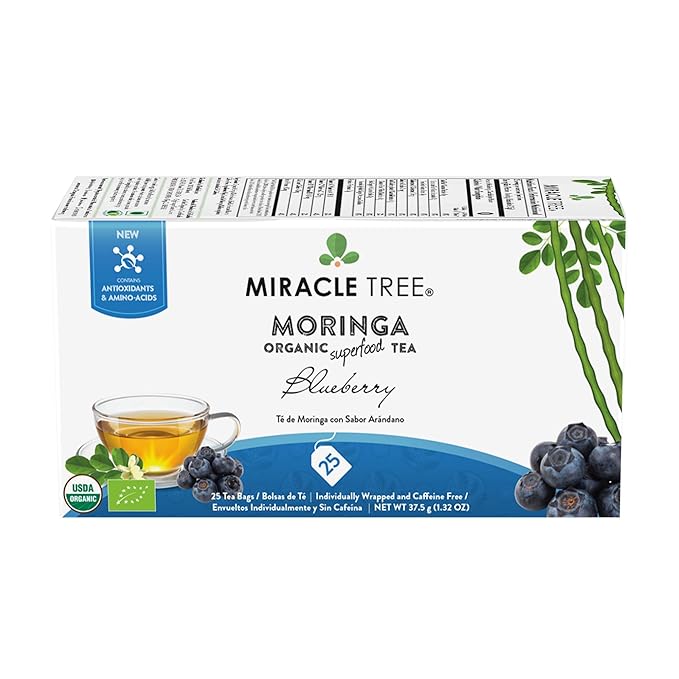 Miracle Tree - 6 Count of Organic Moringa Superfood Tea, 25 Individually Sealed Tea Bags, Blueberry (Keto, Detox, Energy/Immunity Booster, Vegan, Gluten-Free, Organic, Non-GMO, Caffeine-Free)