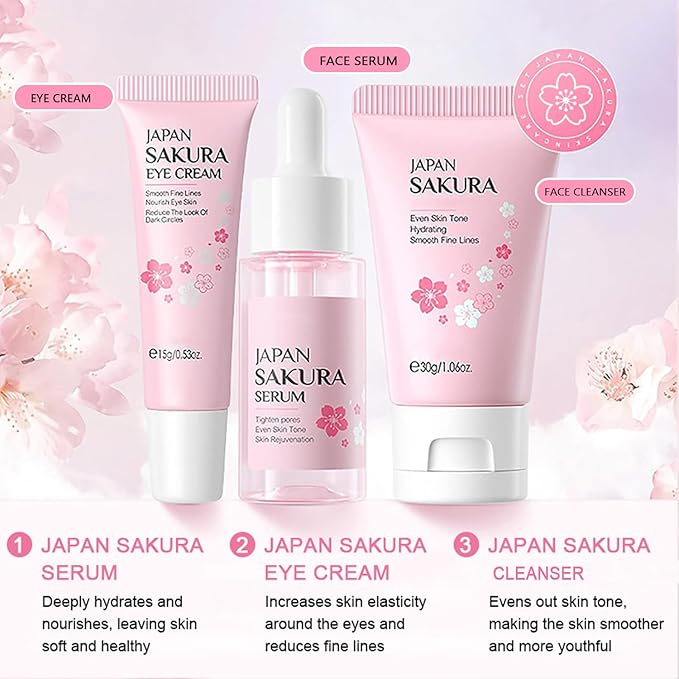 Skin Care Sets for Women/Girls JAPAN SAKURA Beauty Gift Sets Skincare Kit with Cleanser, Serum, Eye Cream, Face Cream Travel Pamper Sets for Women Gifts,Skin Care Sets & Kits