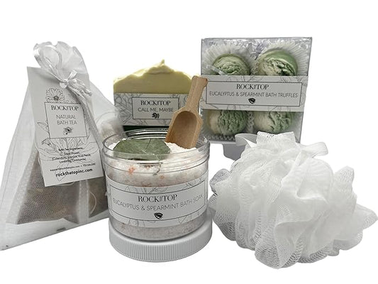 USA MADE | Eucalyptus Spearmint Spa Gift Baskets for Women. 6 Cold & Stress Self Care Gifts, Aromatherapy Epsom Salt Bath Soak, Bath Soap, Bath Bombs (Truffle), Bath Salts Gift Basket.