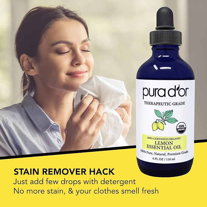 PURA D'OR Organic Lemon Essential Oil (4oz with Glass Dropper) USDA Certified 100% Pure & Natural Therapeutic Grade Diffuser Oil Citrus Scented for Aromatherapy, Mood Uplift, Energy, Focus