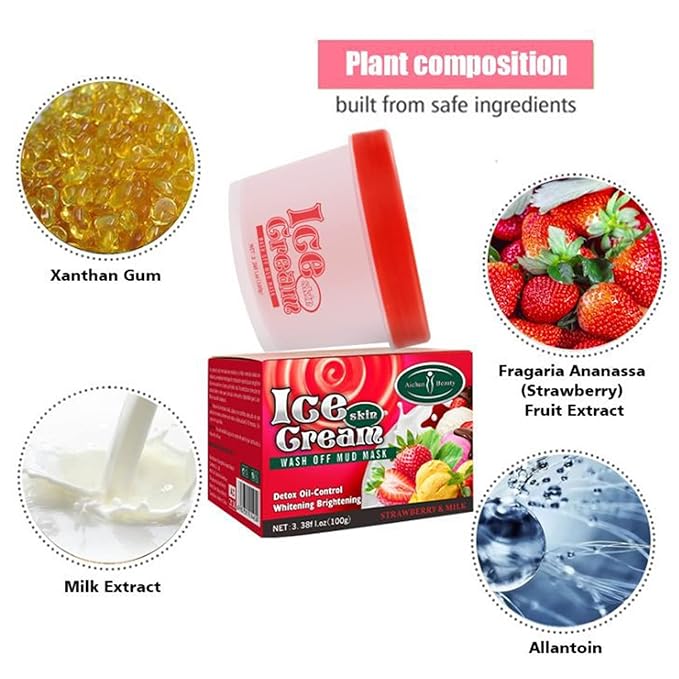 AICHUN BEAUTY Ice Cream Facial Wash Off Mud Mask Oil-Control Deep Cleaning Moisturizing Exfoliation Blackhead Skin Care 100g 3.38FL. OZ (STRAWBERRY & MILK)