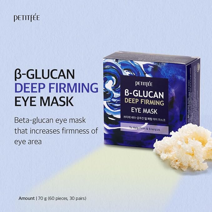 B-Glucan Deep Firming Eye Mask 60 Pieces (30pairs) - Mushroom Eye Patch, Soft Bamboo Sheet Mask, Skin Firming & Revitalizing, Madecassoside, Green Tea Leaf Extract, Beta Glucan, Witch Hazel Extract