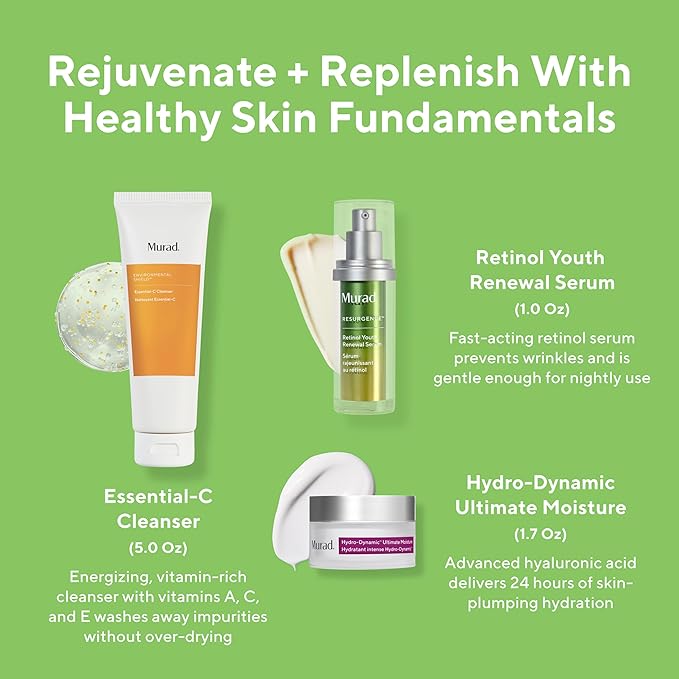 Murad Rejuvenate + Replenish w/ Healthy Skin - 3-Piece Full Sized Set ($213 Value) - Regimen for Total Skin Health - Ess-C Cleanser 6.75Fl Oz, Retinol Serum 1.0Fl Oz, Hydro Dynamic Moisture 1.7Fl Oz