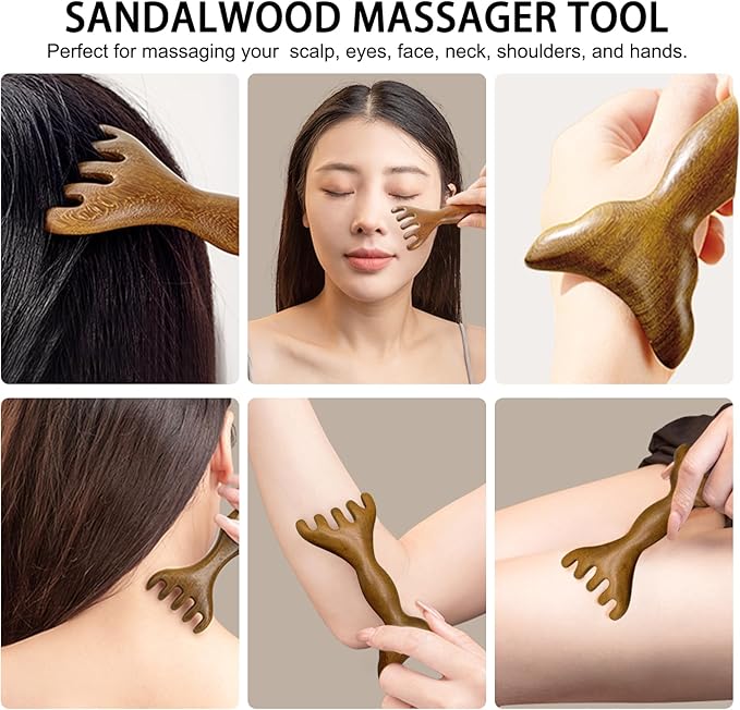 Sandalwood Scalp Massager – Dual Head Five Claw Massage Comb for Head Eye Shoulder and Neck – Manual Massager Tool for Women Men