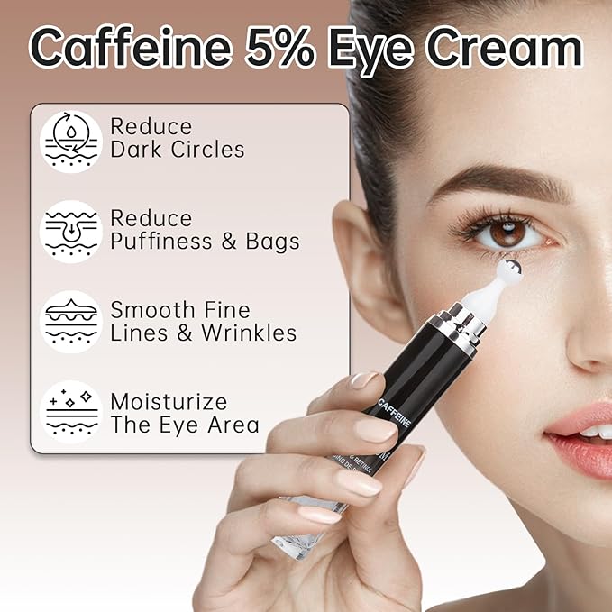 Caffeine Eye Cream for Puffiness & Dark Circles, Under Eye Cream for Puffy Eyes, Eye Bags & Wrinkles, 1 PCS Anti Aging Eye Serum with Under Eye Roller, Reduces Fine Lines & Moisturize Skin.