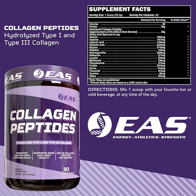 Experimental and Applied Sciences Collagen Peptides Powder | Hydrolyzed Type I & III | for Healthy Hair, Skin, & Nails | Bone & Joint Health | 20g Collagen Per Serving | 30 Servings (Unflavored)