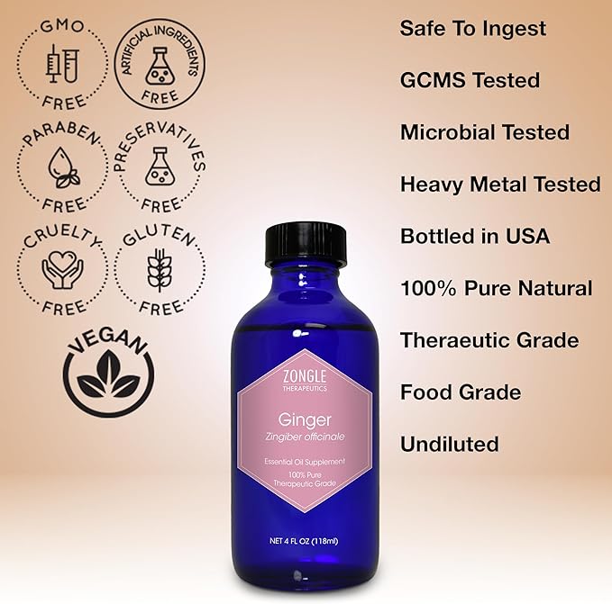 Ginger Oil, for Pain and Inflammation, Edible, Food Grade – 100% Pure, Ginger, Essential, Oil, for Lymphatic Drainage, Massage, by Zongle Therapeutics, 4 OZ