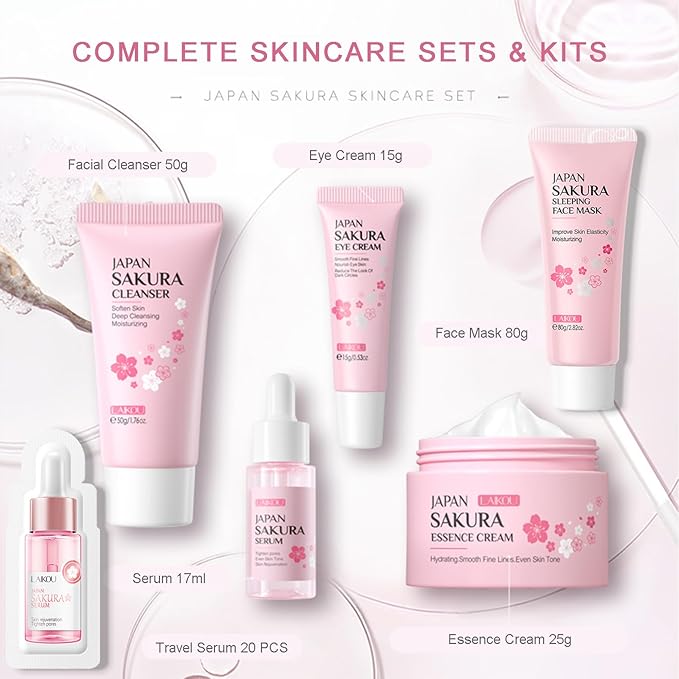 Skincare Set JAPAN SAKURA Facial Kit for Women & Teenage Girls - Japanese Skin Care Products, Beauty Gift Skincare Kits, Skin Care Set with Complete Skincare Routine - Face Care Set for Women