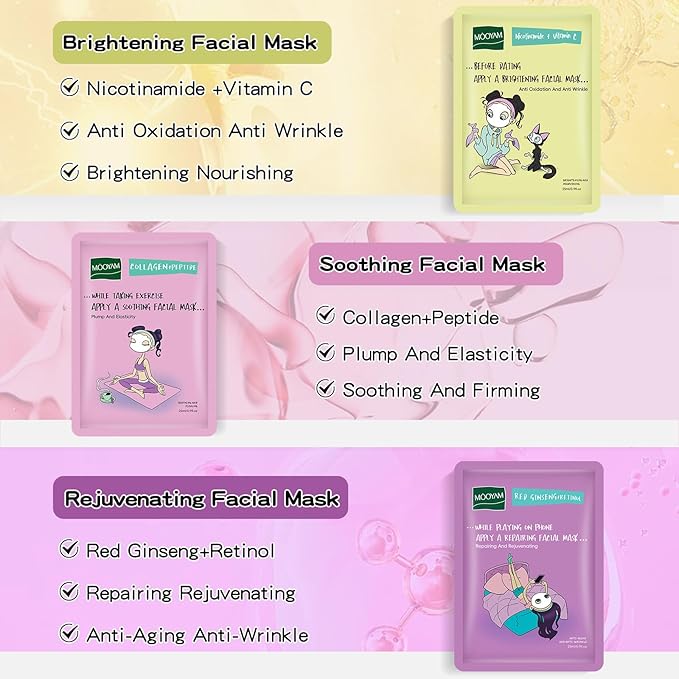 Face Masks Skincare Set for Girl,Moisturizing Collagen Facial Masks for Women Home Spa,Hyaluronic Acid Face Mask for All Skin Types,Day Night Facial Mask Hydrating,Deep Cleaning,Oil Contral(6Pack)