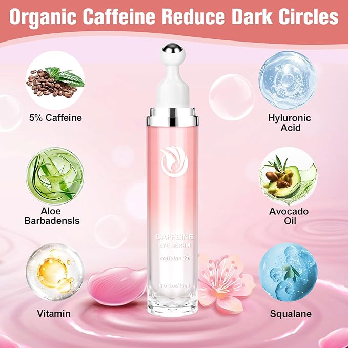 5% Caffeine Eye Serum, Cream with 360°Massage Ball for Dark Circles, Puffiness and Fine Lines, 0.5 fl.oz Under Eye Roller Cream, Efficient in Firming Eyelids