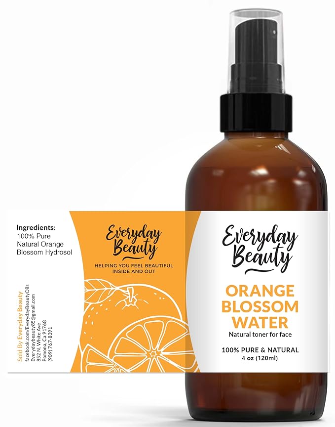 Orange Blossom Water Facial Toner - All Natural Hydrating Spray Mist for Face and Hair - 100% All Natural Orange Blossom Water Hydrosol 4oz with Fine Mist Cap