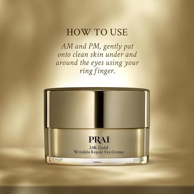 PRAI Beauty 24K Gold Wrinkle Repair Eye Creme - Anti-Aging and Anti-Wrinkle Eye Cream - Infused with Hyaluronic Acid and Real 24K Gold, 0.5 Oz