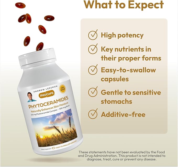 ANDREW LESSMAN Phytoceramides with Biotin 120 Softgels - Skin’s Vital Natural Internal Moisturizer. Naturally Enhances Soft, Smooth, Radiant Skin. No Additives. Small Easy to Swallow Softgels