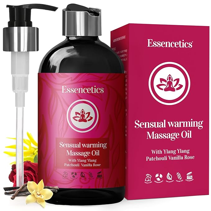 Massage Oil 8 oz - Organic Body Massage Oil with Ylang Ylang, Patchouli & Vanilla Rose - Relaxing Massage Therapy