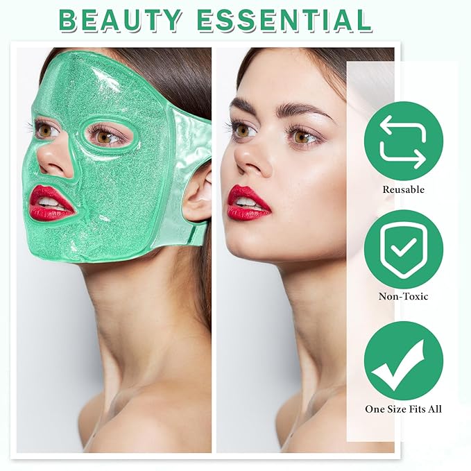 Geyoga Gel Ice Face Eye Mask Cooling Face Eye Masks for Reducing Puffiness, Dark Circles, Redness, Pain Relief, Migraine, Stress, Hot/Cold Pack Compress with Soft Plush Backing(Green)