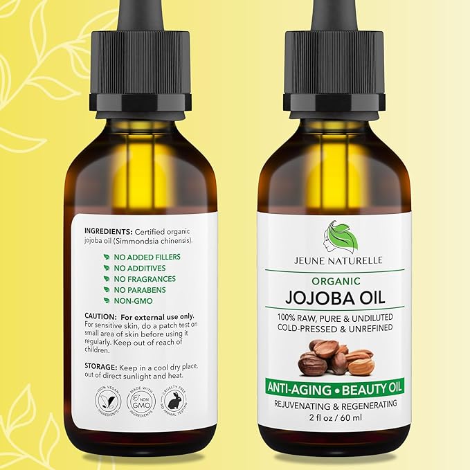 Jeune Naturelle Jojoba Oil Organic Cold Pressed - 100% Pure, Raw, Virgin, Undiluted, Unrefined - Ideal for Hair, for Skin, for Hair Growth, 2 oz