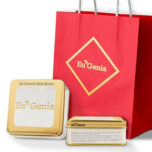 Eu'Genia Extra Strength Shea Butter Gift Set – Tins with Bag Gift Note & Tissue Paper – Intensive Moisturizing & Nourishing Shea Butter (2 Pack, Unscented & Lavender)