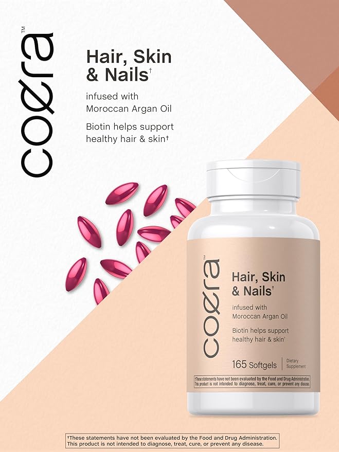 Coera Hair, Skin and Nails Vitamins | 165 Softgels | with Biotin, Collagen & Moroccan Argan Oil | Non-GMO & Gluten Free Supplement for Men and Women