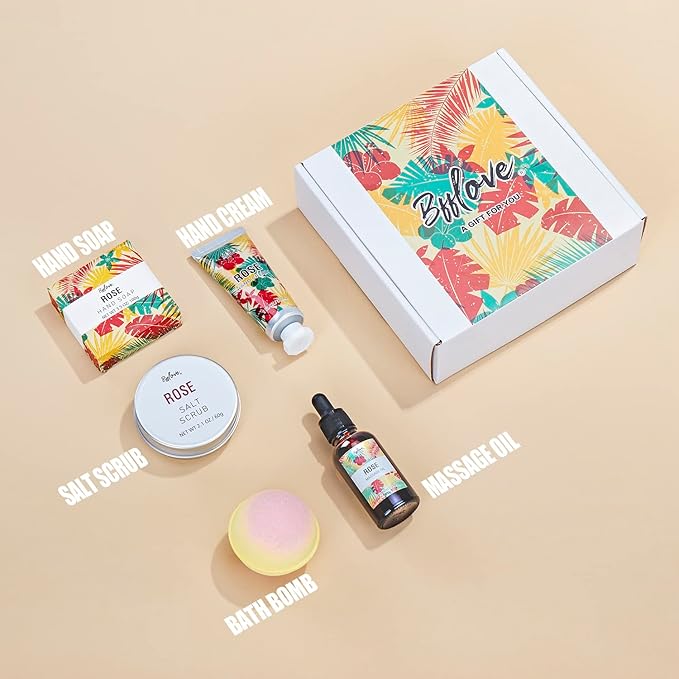 Spa Gifts for Women, Gift Set, Self Care Kit, Birthday Gifts, 5pc Rose Bath Sets Include Massage Oil, Bath Bomb, Salt Scrub, Soap, Hand Cream, Christmas Gifts for Mom