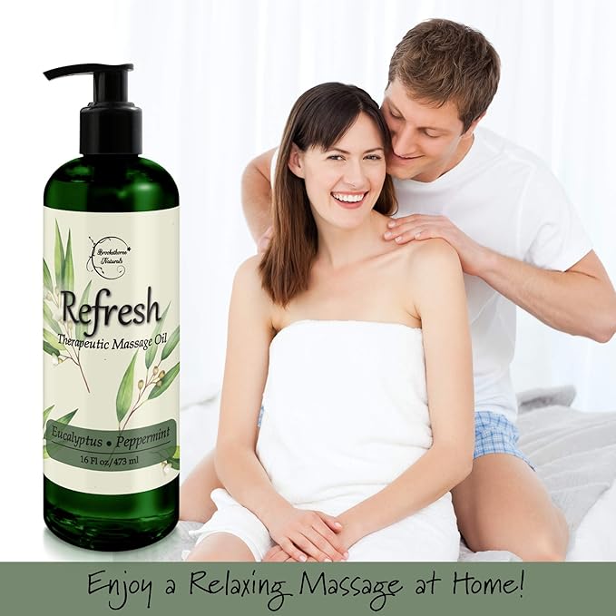 Refresh Massage Oil for Massage Therapy with Eucalyptus & Peppermint Essential Oils - All Natural, Great for Sore Muscles. Ideal for Full Body Relaxation – Nut Free Formula 16oz