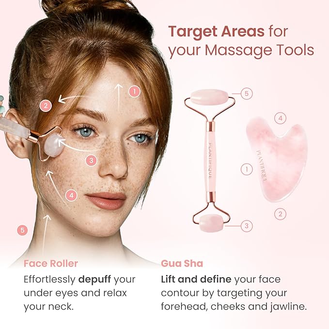 PLANTIFIQUE Face Roller and Gua Sha Rose Quartz Certified | Gifts | Guasha Tool for Face | Jawline Shaper | Your Skin Care Routine