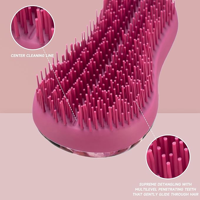 Hand Grip Brush, Gentle Detangling, Detangler Hair Brush for All Hair Types. For use on Wet or Dry Hair (Fuchsia Pink Floral)