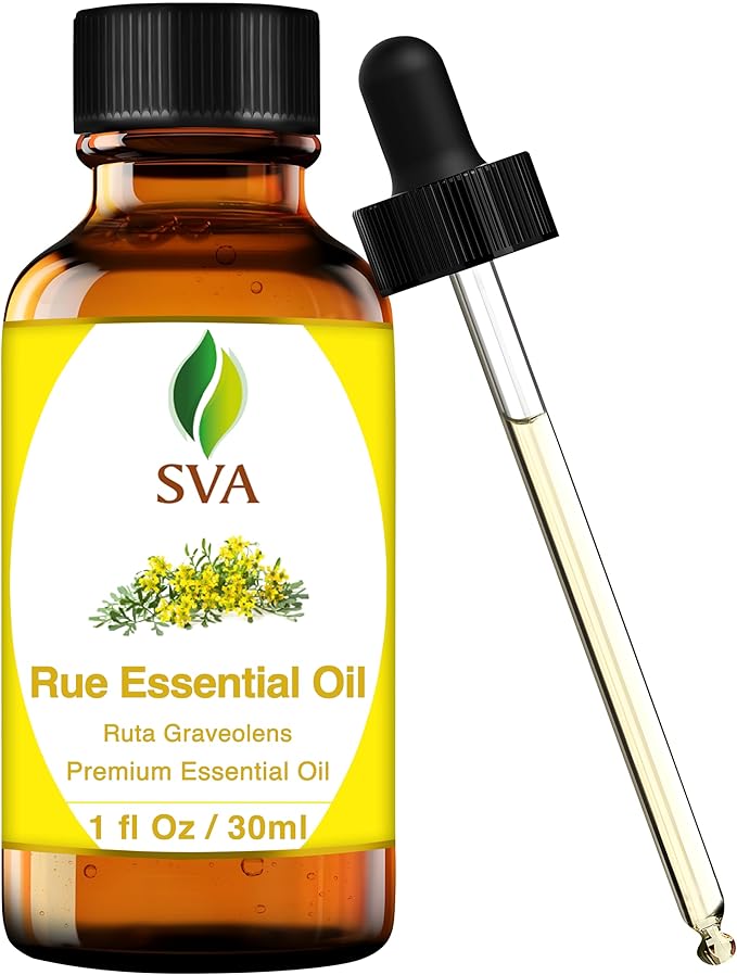 SVA Rue Essential Oil – 1 Fl Oz – 100% Natural Rue Oil - for Diffuser, Hair Care, Face, Skin Care, Aromatherapy, Scalp and Body Massage, Soap and Candle Making - with Dropper
