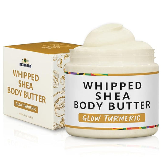 AKWAABA New Whipped Shea Body Butter (Glow Turmeric) - Moisturizes, Glows & Softens Skin | Natural Raw Shea Butter | For Dry Skin | 12 oz / 340 g