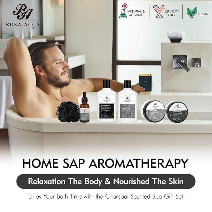 Bath Gift Basket for Men and Women, 23pcs Charcoal Luxury Home Spa Kit for Father and Mother Spa Kit in Cosmetics Bag Father's Day Birthday Gift for Christmas from RA ROSA ACCA