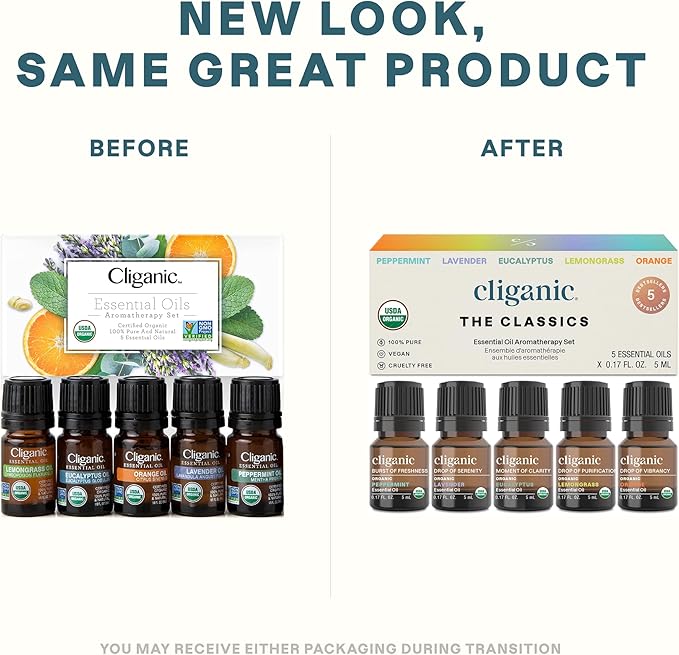 Cliganic Organic Essential Oils Set (Top 5 - The Classics) - 100% Pure Natural - Aromatherapy, Candle Making - Peppermint, Lavender, Eucalyptus, Lemongrass & Orange (Packaging May Vary)